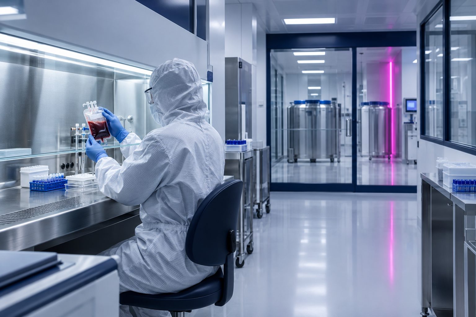 Cell therapy cleanroom with a scientist handling a cryopreserved cord blood product